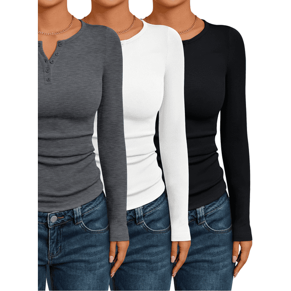 SUNBS 3 Packs Women Tops Long Sleeve Henley Shirts Fall Winter Ribbed Thermal Casual Blouses Basics Tees