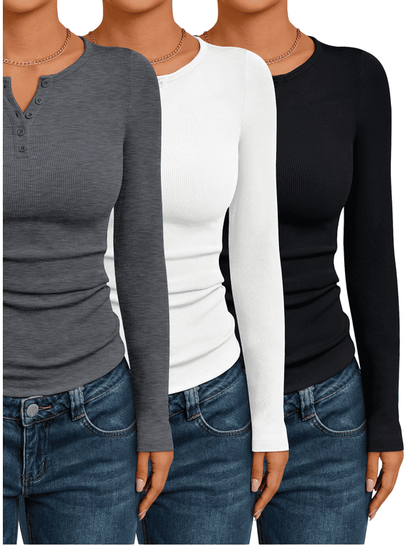 3 Packs Women Tops Long Sleeve Henley Shirts Fall Winter Ribbed Thermal Casual Blouses Basics Tees