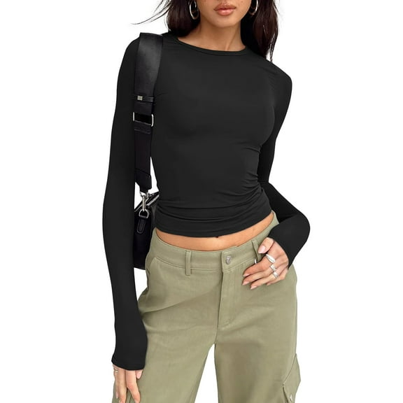 SUNBS Black Long Sleeve Shirts for Women Going out Crop Tops Fall Layering Slim Y2k Trendy Tight Blouses
