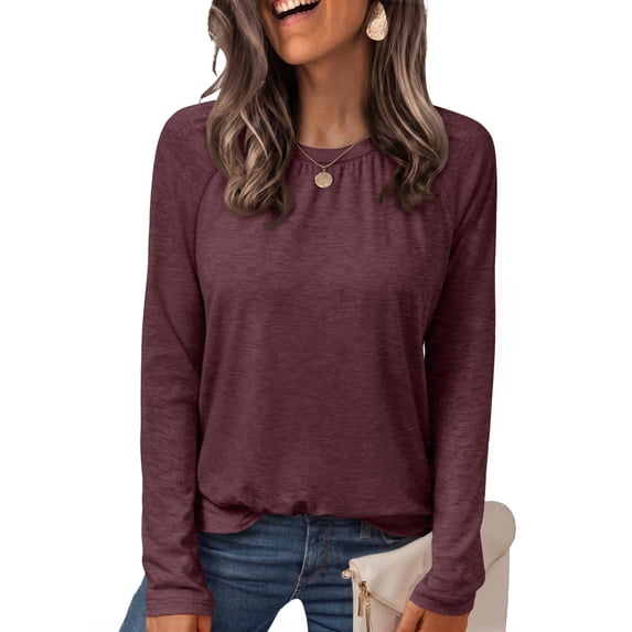 SUNBS Blouses for Women Casual Dressy Tops Crewneck Long Sleeve Shirts Pleated Clothes