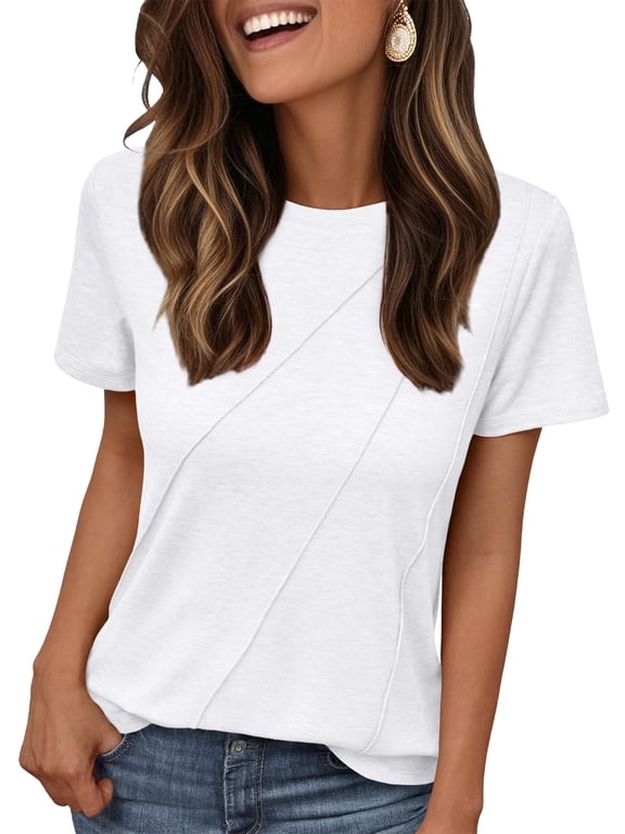 Womens Tops Short Sleeve Shirts Crewneck Plain Tee Casual Summer Clothes, Sizes S-2XL