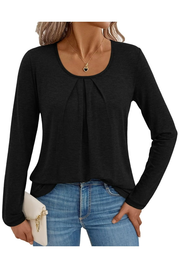 Blouses for Women Dressy Casual Crewneck Womens Tops Pleated Long Sleeve Shirts for Women Blouses