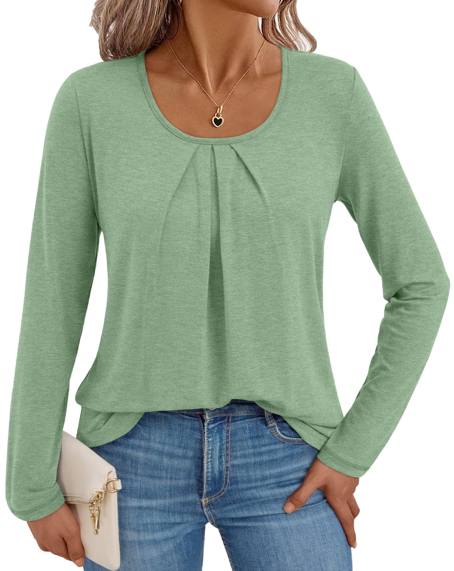 Blouses for Women Dressy Casual Crewneck Womens Tops Pleated Long Sleeve Shirts for Women Blouses
