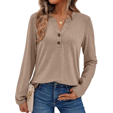 Henley Blouses for Women Long Sleeve Shirts Fall Fashion Dressy Casual Tops Cute Work Outfits Clothes
