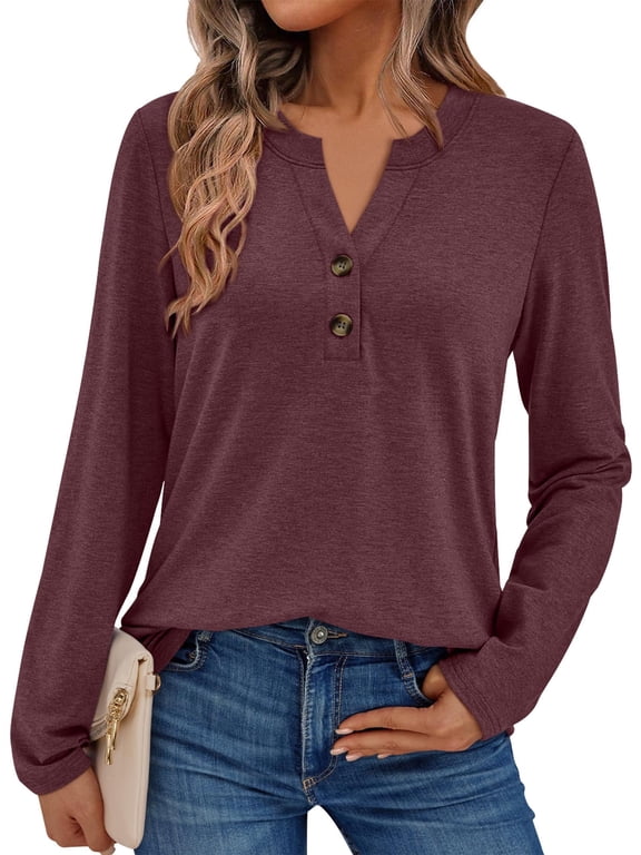 Henley Blouses for Women Long Sleeve Shirts Fall Fashion Dressy Casual Tops Cute Work Outfits Clothes