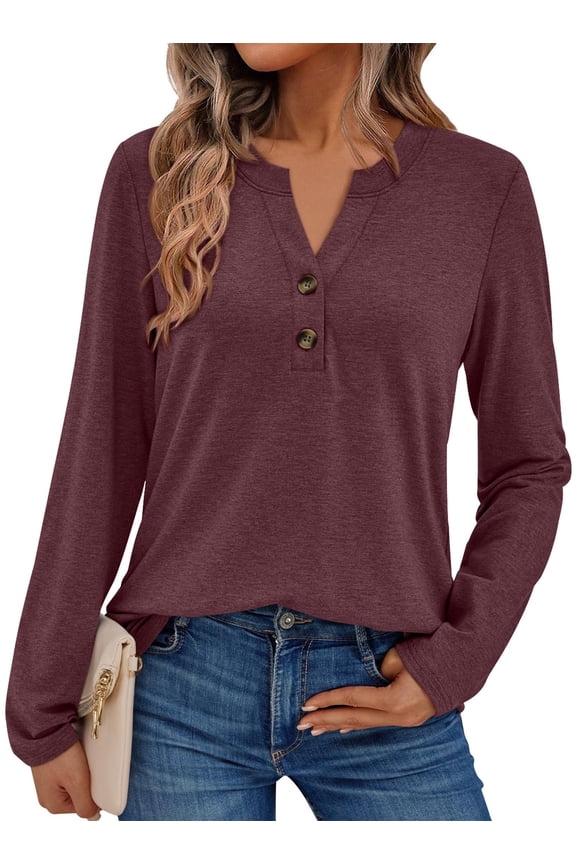 Henley Blouses for Women Long Sleeve Shirts Fall Fashion Dressy Casual Tops Cute Work Outfits Clothes
