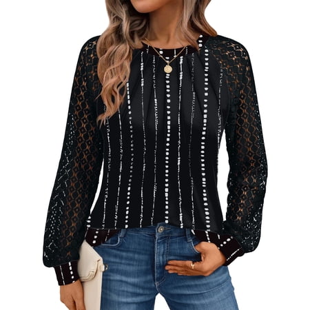 SUNBS Blouses for Women Lace Tops Crewneck Casual Fashion Pleated Long Sleeve Shirts