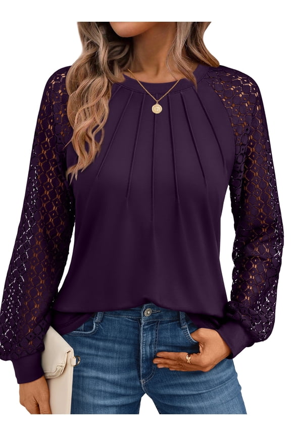 Blouses for Women Lace Tops Crewneck Casual Fashion Pleated Long Sleeve Shirts