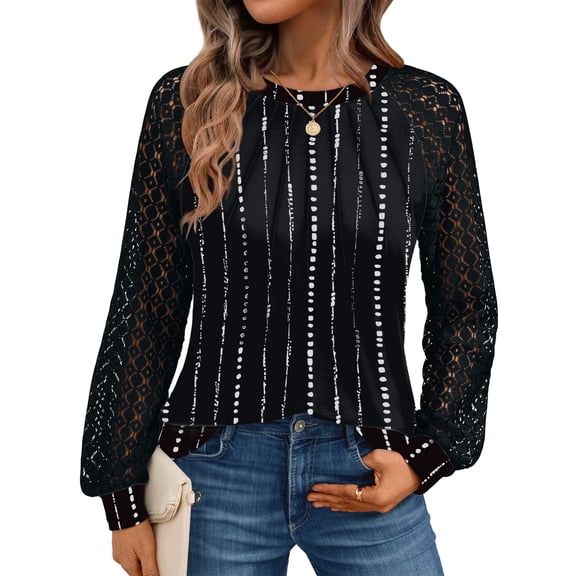 SUNBS Blouses for Women Lace Tops Crewneck Casual Fashion Pleated Long Sleeve Shirts