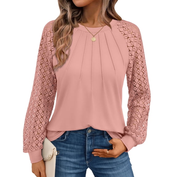 SUNBS Blouses for Women Lace Tops Crewneck Casual Fashion Pleated Long Sleeve Shirts
