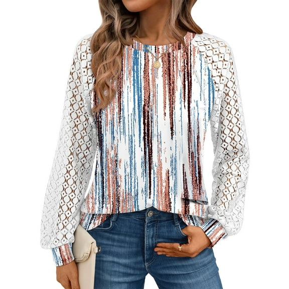 SUNBS Blouses for Women Lace Tops Crewneck Casual Fashion Pleated Long Sleeve Shirts