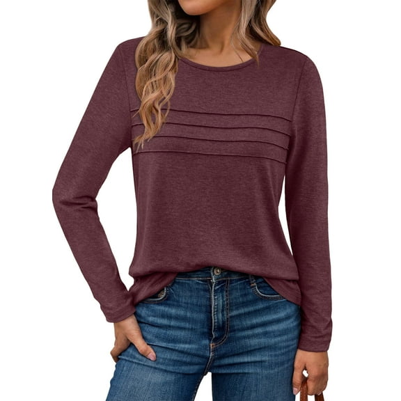 SUNBS Blouses for Women Long Sleeve Shirts Dressy Casual Crew Neck Fall Tops, Sizes S-2XL