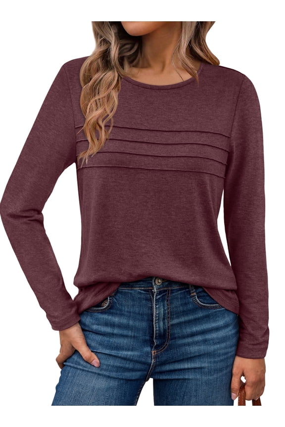 Blouses for Women Long Sleeve Shirts Dressy Casual Crew Neck Fall Tops, Sizes S-2XL