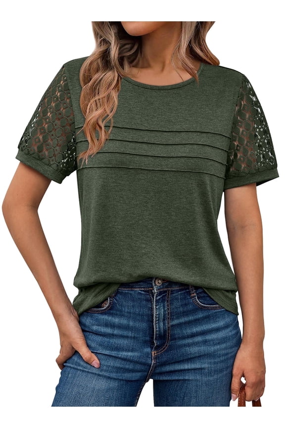 Blouses for Women Short Sleeve Lace Tops Dressy Casual Tees, Sizes S-2XL
