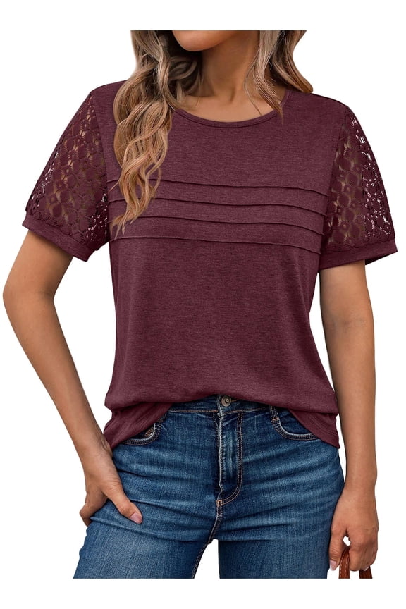 Blouses for Women Short Sleeve Lace Tops Dressy Casual Tees, Sizes S-2XL