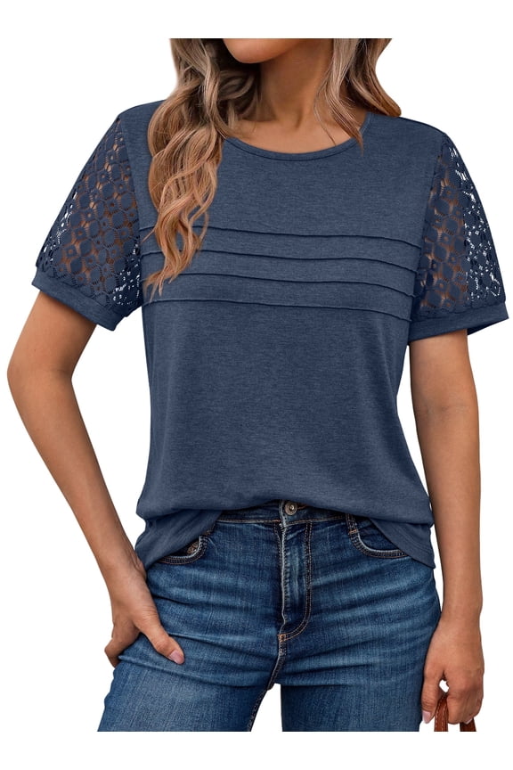 Blouses for Women Short Sleeve Lace Tops Dressy Casual Tees, Sizes S-2XL