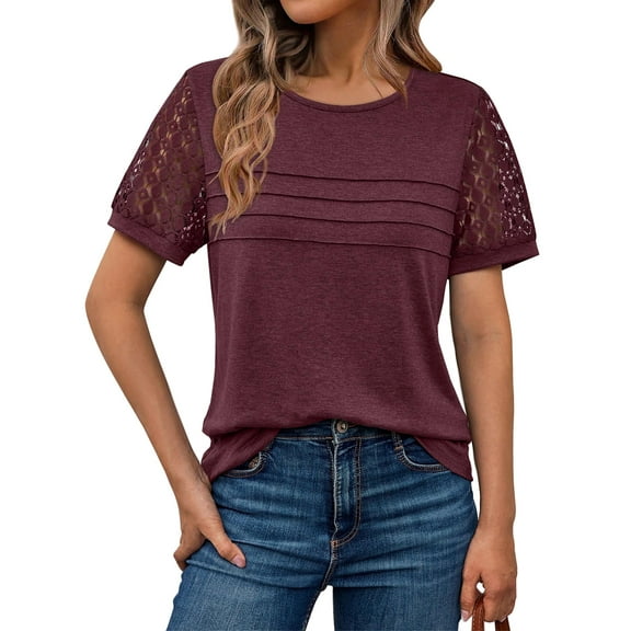 SUNBS Blouses for Women Short Sleeve Lace Tops Dressy Casual Tees, Sizes S-2XL
