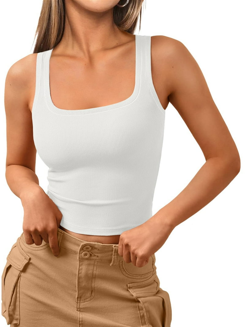 SUNBS Crop Tank Tops for Women Camisole Top Ribbed Beach Summer Sleeveless Square Neck Shirts