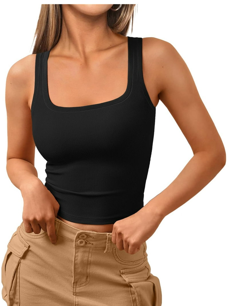 SUNBS Crop Tank Tops for Women Camisole Top Ribbed Beach Summer Sleeveless Square Neck Shirts