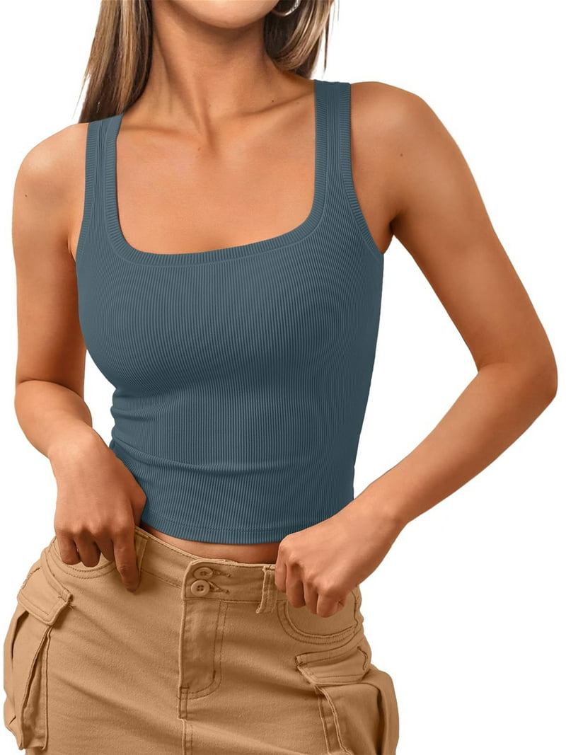 SUNBS Crop Tank Tops for Women Camisole Top Ribbed Beach Summer Sleeveless Square Neck Shirts