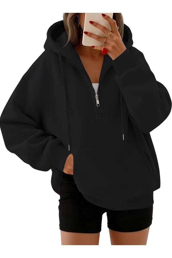 Drawstring Half Zip Hoodies for Women Fall Oversized Casual Sweatshirts with Kangaroo Pocket