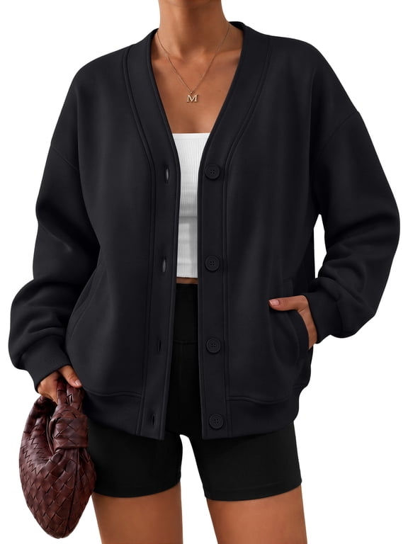 V‑Neck Button Sweatshirts Cardigan for Women Fall Jacket Oversized Casual Clothes with Pockets