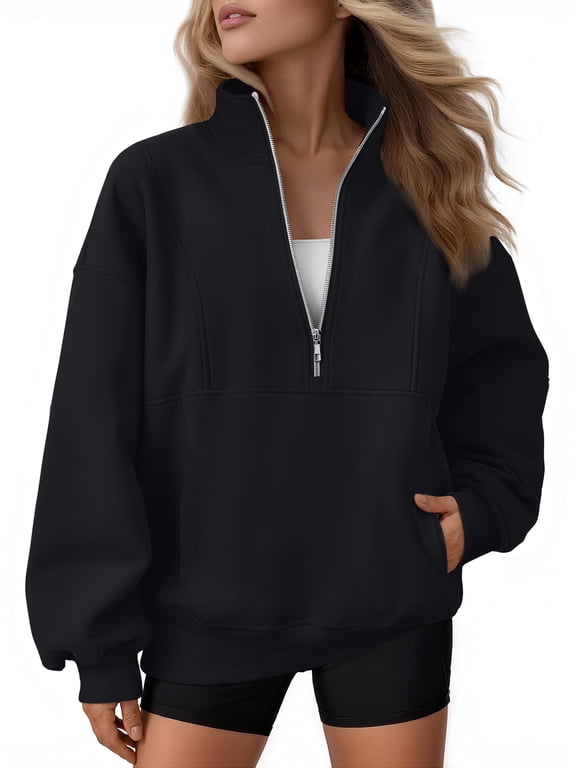 Womens Sweatshirts Quarter Zip Oversized Mock Neck Pullover Half Zip Pockets Pullover Fleece Jacket Fall Clothes Cozy Clothes