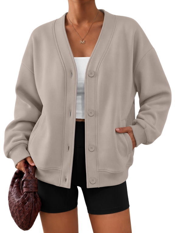V‑Neck Button Sweatshirts Cardigan for Women Fall Jacket Oversized Casual Clothes with Pockets