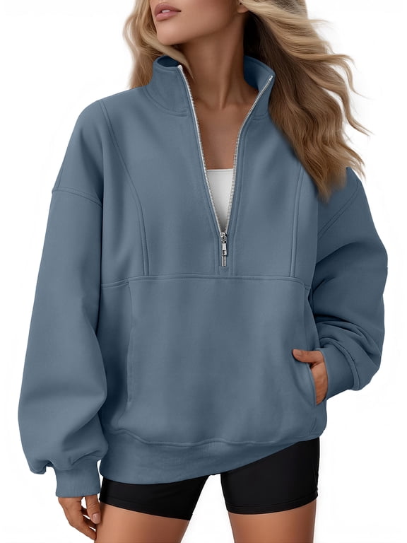 Womens Sweatshirts Quarter Zip Oversized Mock Neck Pullover Half Zip Pockets Pullover Fleece Jacket Fall Clothes Cozy Clothes