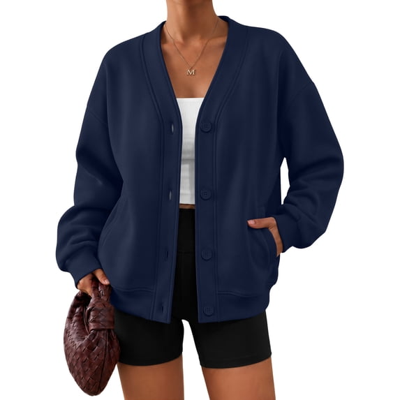 SUNBS V‑Neck Button Sweatshirts Cardigan for Women Fall Jacket Oversized Casual Clothes with Pockets