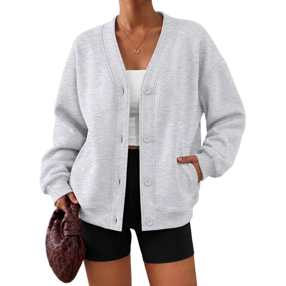 SUNBS V‑Neck Button Sweatshirts Cardigan for Women Fall Jacket Oversized Casual Clothes with Pockets