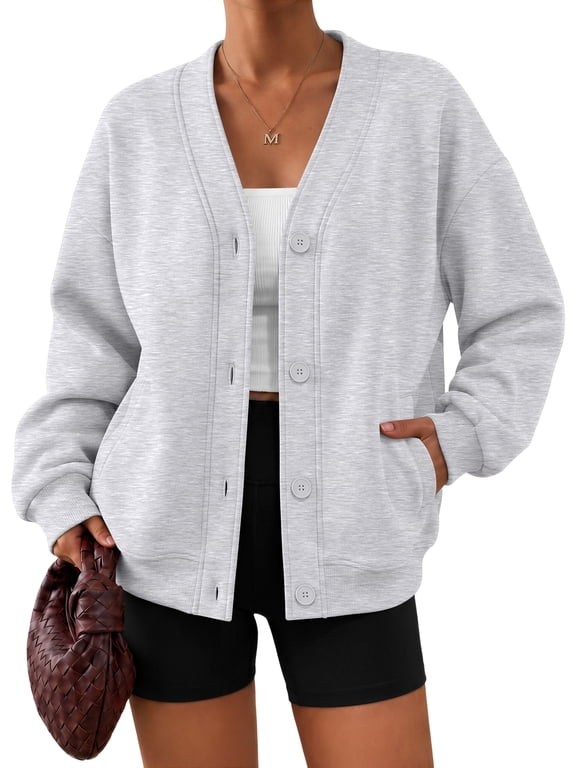 V‑Neck Button Sweatshirts Cardigan for Women Fall Jacket Oversized Casual Clothes with Pockets