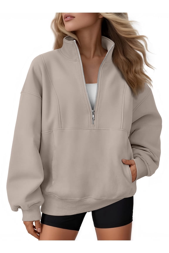 Womens Sweatshirts Quarter Zip Oversized Mock Neck Pullover Half Zip Pockets Pullover Fleece Jacket Fall Clothes Cozy Clothes