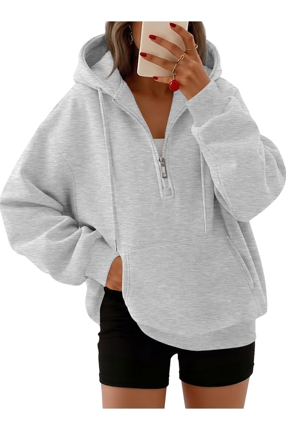 Drawstring Half Zip Hoodies for Women Fall Oversized Casual Sweatshirts with Kangaroo Pocket
