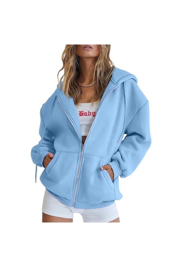 Drawstring Zip Up Hoodies for Women Fall Cute Jacket Oversized Casual Sweatshirts with Pocket