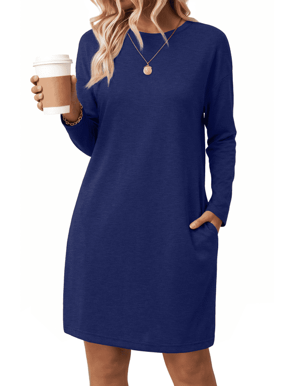 Dresses for Womens Long Sleeve T-Shirt Dress Crew Neck Sweatshirt Dress Casual Clothes with Pockets
