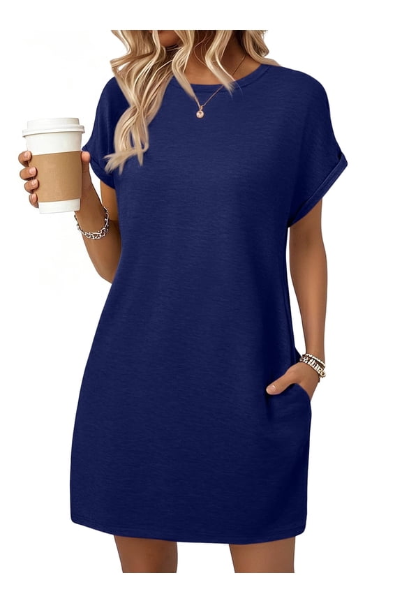 Dresses for Womens Summer Spring T Shirt Dress Vacation Beach Mini Sundress Loose Clothes with Pockets