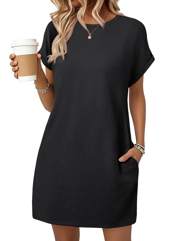 Dresses for Womens Summer Spring T Shirt Dress Vacation Beach Mini Sundress Loose Clothes with Pockets