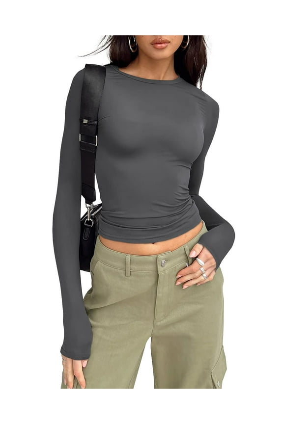 Fitted Long Sleeve Shirts for Women Basic Crop Fall Fashion Layering Slim Y2k Trendy Blouse