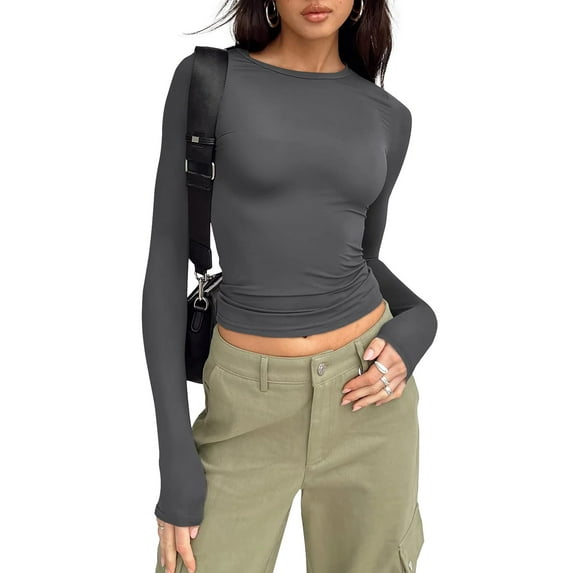 SUNBS Fitted Long Sleeve Shirts for Women Basic Crop Fall Fashion Layering Slim Y2k Trendy Tops