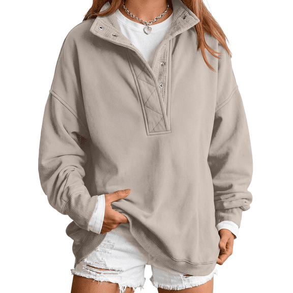 SUNBS Half Button Pullover Sweatshirt for Women Fall Oversized Casual Fleece Tops with Stand Collar
