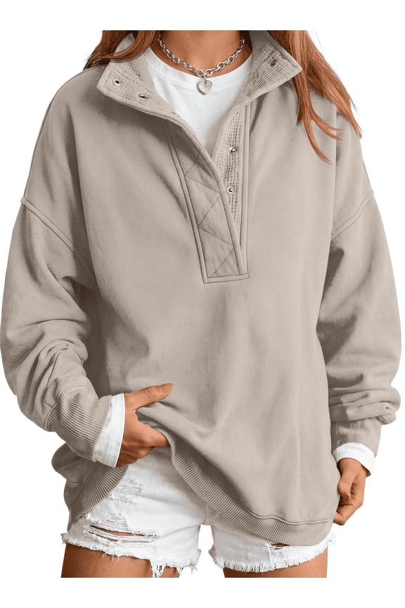 Half Button Pullover Sweatshirt for Women Fall Oversized Casual Fleece Tops with Stand Collar