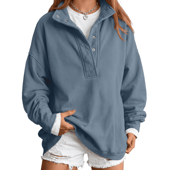 SUNBS Half Button Pullover Sweatshirt for Women Fall Oversized Casual Fleece Tops with Stand Collar