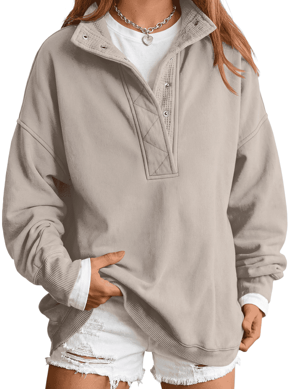 Half Button Pullover Sweatshirt for Women Fall Oversized Casual Fleece Tops with Stand Collar