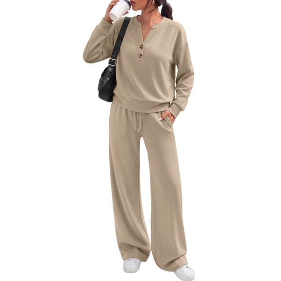 SUNBS Two Piece Outfits Women Fall Sweatsuits Henley Neck Tops Lounge Sets Wide Leg Pants Vocation Travel Outfits