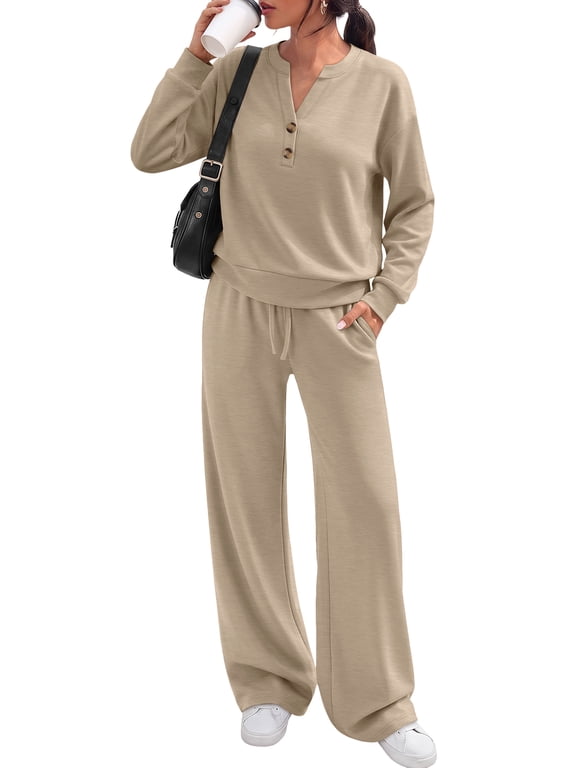 Two Piece Outfits Women Fall Sweatsuits Henley Neck Tops Lounge Sets Wide Leg Pants Vocation Travel Outfits