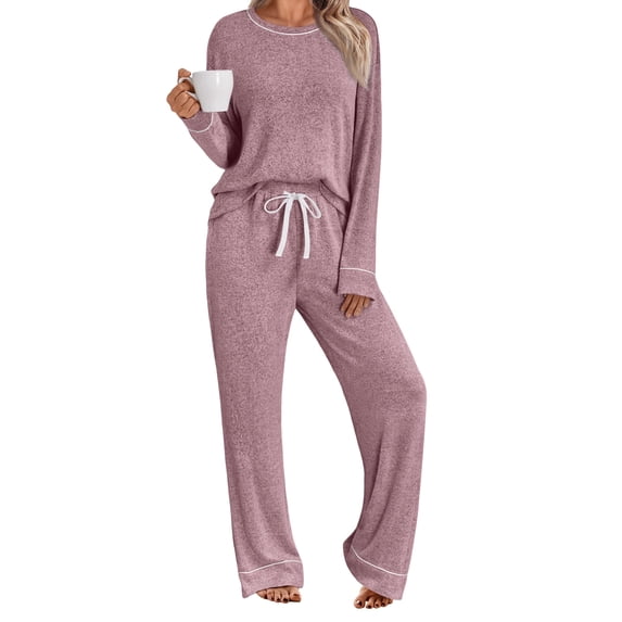 SUNBS Long Sleeve Lounge Sets for Women Casual Two Piece Outfits Wide Leg Pants with Pockets Crewneck Pajamas Clothing