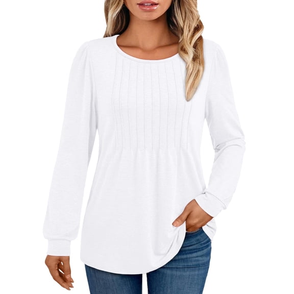 SUNBS Blouses for Women Business Casual Dressy Tops Crewneck Pleated Long Sleeve Shirts Trendy Clothes
