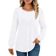 SUNBS Blouses for Women Business Casual Dressy Tops Crewneck Pleated Long Sleeve Shirts Trendy Clothes