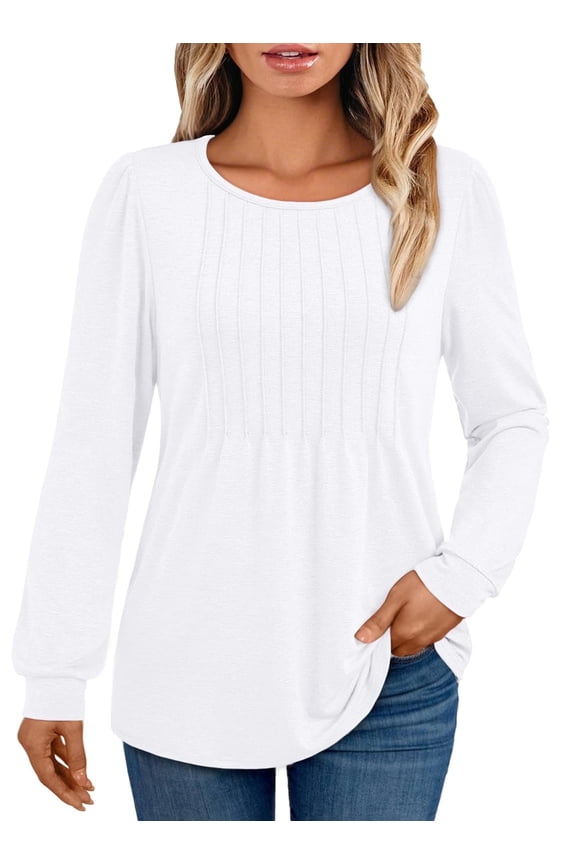Blouses for Women Business Casual Dressy Tops Crewneck Pleated Long Sleeve Shirts Trendy Clothes